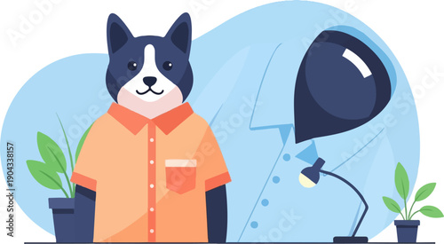 Anthropomorphic dog wearing a collared shirt at a desk with plants