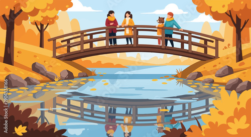 Autumn scene with people crossing a wooden bridge over a calm lake