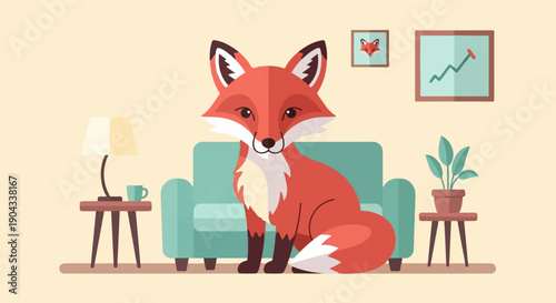 Anthropomorphic fox sits on couch in a stylized living room with art
