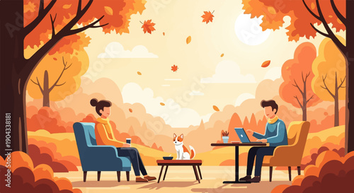 Autumn scene with people, dog, and laptop under colorful trees