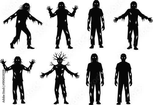 Zombie silhouette character set with multiple scary undead poses, dark horror figures isolated on white background for Halloween, apocalypse, thriller, and spooky graphic design projects