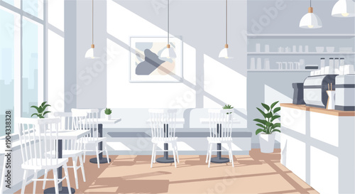 Bright, minimalist cafe interior with white furniture, sunlight, and plants