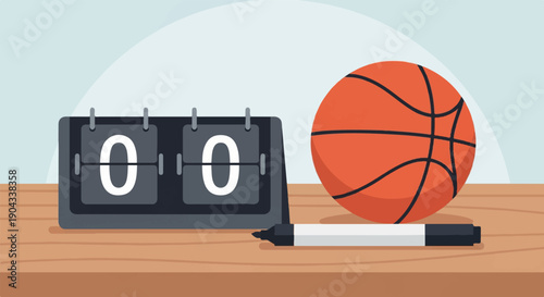Basketball, scoreboard, and marker on a wooden surface, sports theme