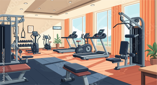 Bright pixel art gym with cardio and weight machines