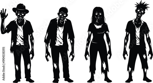 Zombie character silhouettes set showing male and female undead figures in different poses horror apocalypse theme isolated on white background for Halloween graphic design use