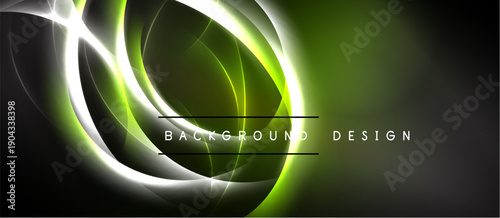 Abstract neon lines create dynamic curves. Green, white glow contrasts dark background. Modern design element for banners, presentations.