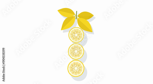 Bright yellow citrus slices arranged vertically with green leaves