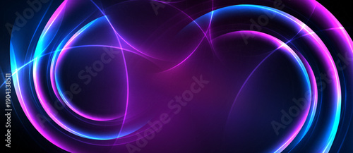 Abstract swirls, vibrant colors, neon glow. Dark background emphasizes luminous curves, creating dynamic visual effect.