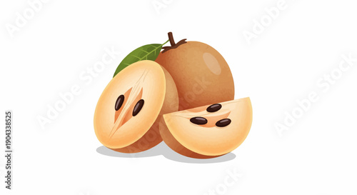 Brown tropical fruits, one whole, one halved, and one sliced