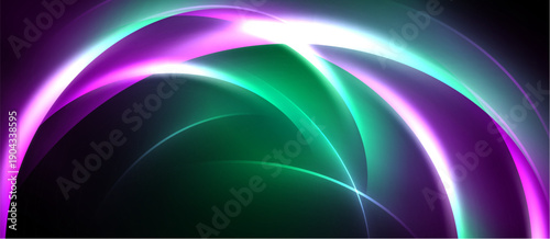 Abstract design features curved lines, vibrant colors. Purple, green, white blend creating dynamic visual effect. Smooth gradients dominate composition.