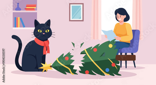 Cat sits near a broken Christmas tree while a woman reads in a chair