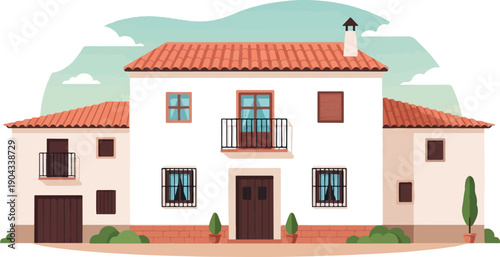 Charming illustration of a whitewashed house with red tiled roofs and balcony