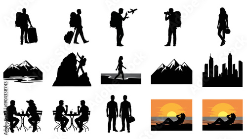 Travel and vacation silhouettes depicting people landscapes and cityscapes