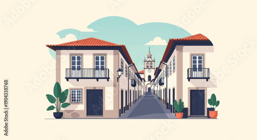 Charming street with buildings, tower, and potted plants