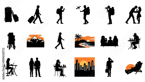 Travel icons depicting people landscapes and vacation activities