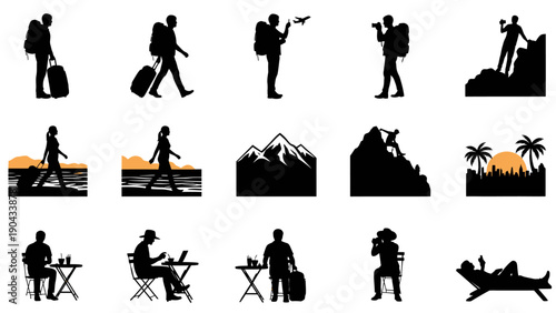 Silhouette icons depicting travel leisure and outdoor activities