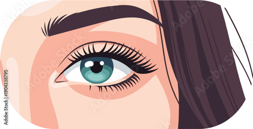 Close-up of a woman's eye with striking blue-green iris and dark lashes