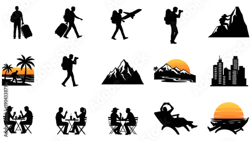 Black silhouettes depicting various travel and leisure activities