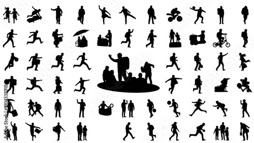 Collection of diverse black silhouettes depicting people and activities