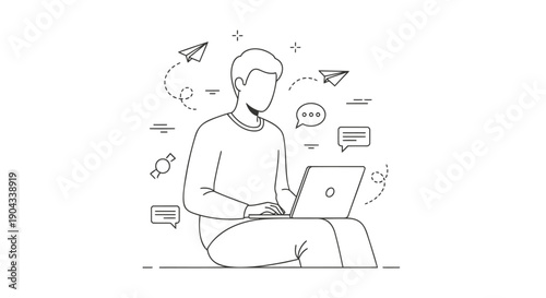 Man using laptop with social media icons and speech bubbles, vector illustration for website or app UI, isolated on transparent background, png