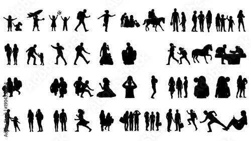 Diverse collection of black silhouettes depicting people and animals