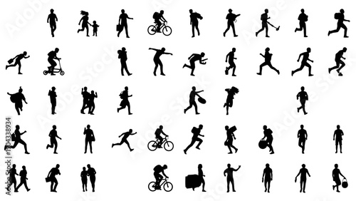 Silhouettes of people engaged in various outdoor activities and transportation