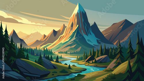 Majestic mountain range with serene valley and water stream in twilight Vector