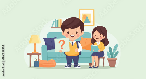 Cheerful children interacting with adult in a cozy room setting