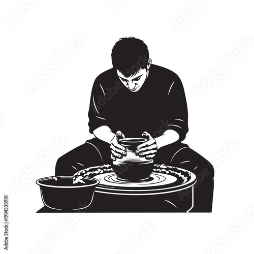 Silhouette of a focused potter creating ceramics on a spinning wheel, hands expertly shaping clay into a vessel, with a bowl of water nearby, against a stark white background.