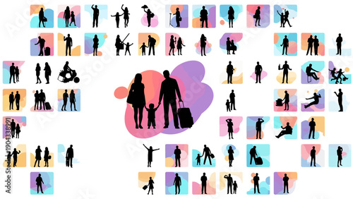 Silhouettes of people families and couples against colorful abstract backgrounds