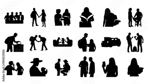 Collection of diverse black silhouettes depicting various human activities and professions