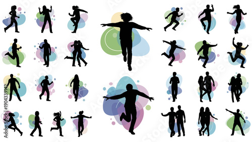 Silhouettes of people jumping and running with colorful paint splatters
