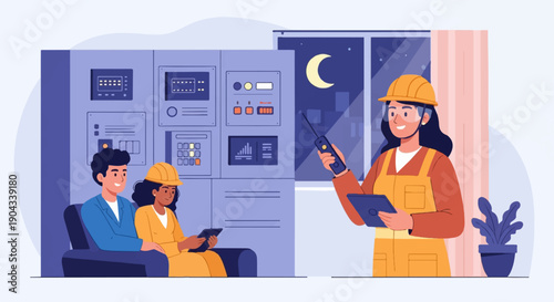 Control room operators monitoring systems at night under moonlit sky