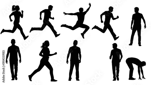 Silhouettes of people running exercising and in various athletic poses