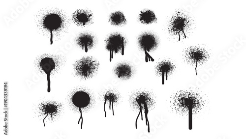 Collection of black spray paint splatters and drips vector graphics