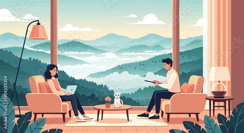 Couple and cat relax indoors with stunning mountain view