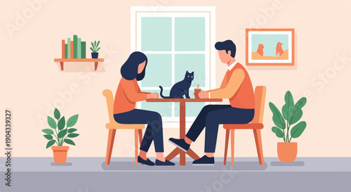 Couple and cat at cafe table with books, plants, and artwork