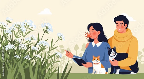 Couple and cats enjoy nature, observing flowers with a tablet