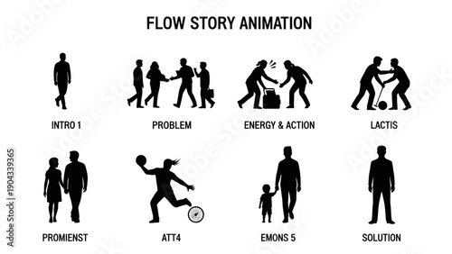 Flow story animation a sequence of silhouetted figures illustrating a narrative