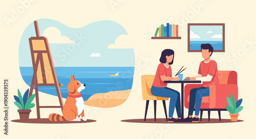 Couple and dog at home, dog watches painter by the sea
