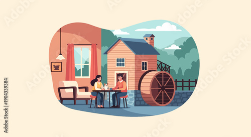 Couple and dog at table with a watermill house and scenic background