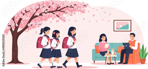 Children in school uniforms walk under a cherry blossom tree, family relaxes indoors