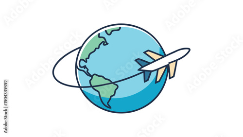 High quality minimal vector design showing airplane traveling around the globe for stock markets or finance related themes in a simple style