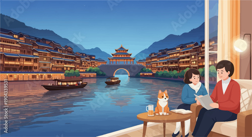 Couple and dog indoors observe a tranquil ancient water town scene at dusk