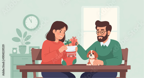 Couple and dog prepare holiday gifts on a festive winter day