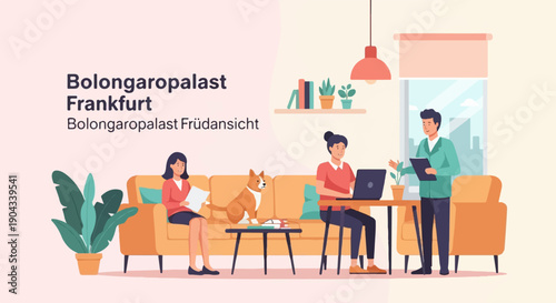 Colleagues collaborate in a bright room with a dog and plants