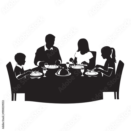 Elegant Family Dinner Silhouette: Parents and Children Enjoying Meal at Dining Table with Fine Setting