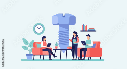 Colleagues collaborate around a giant bolt in a modern office space