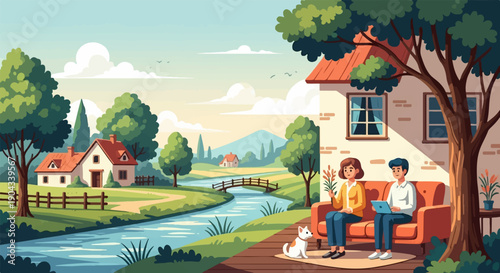 Couple and dog relax by a scenic riverfront home with distant hills and a bridge