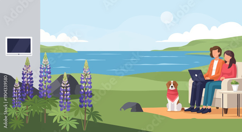 Couple and dog relax by lake with laptops, lupines and television